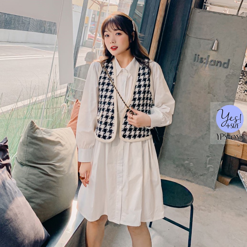 ชุดเซ็ท 2 ชิ้นสาวอวบอก 40-50 นิ้ว เชิ๊ตเดรสแขนยาว สีขาว/สีดำ + เสื้อกั๊กทวีตลายชิโนริสีขาวดำ (ขายแยกชิ้นค่ะ) YPS-056