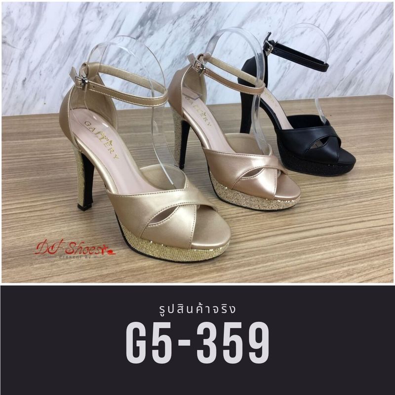 รองเท้าส้นสูงรัดข้อแต่งส้นกลิตเตอร์ (สีดำ)