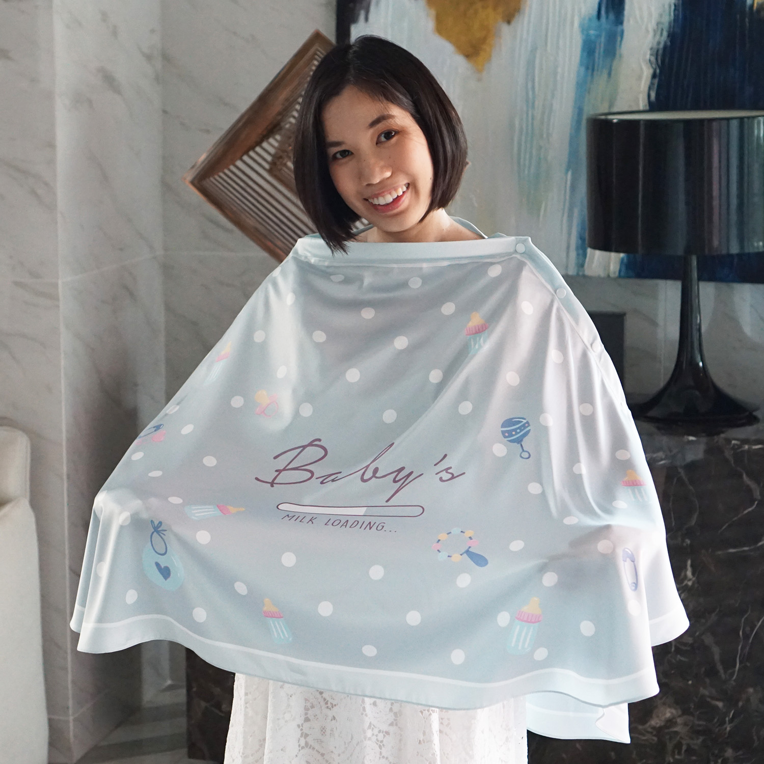 ผ้าคลุมให้นม 3in1 (รุ่นมีกระดุม ถอดโครงได้) แบบสั่งทำใส่ชื่อ ลาย Polka dot - Milk - Green