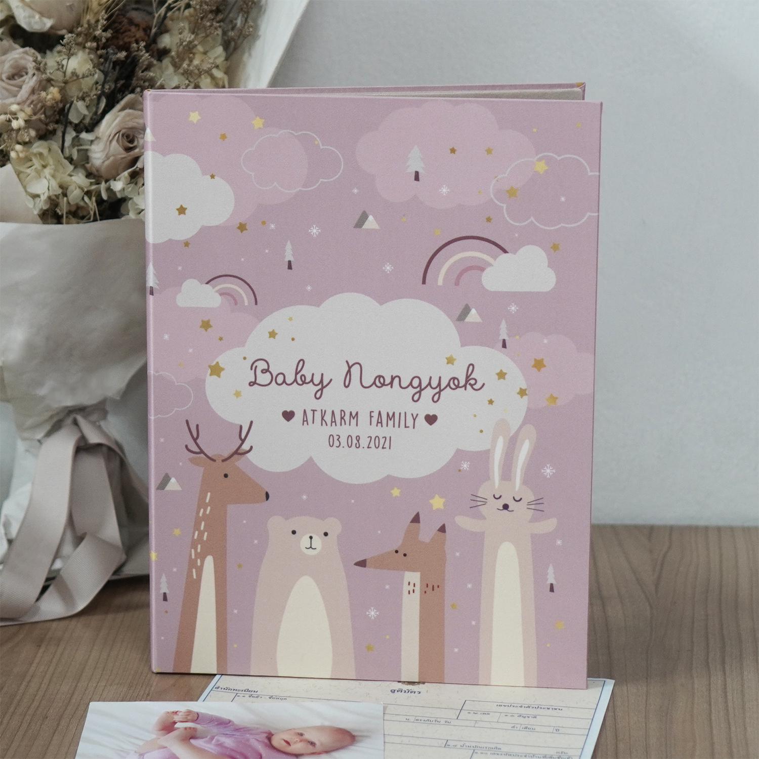 แฟ้มทะเบียนสมรส/สูติบัตร สั่งทำใส่ข้อความ ลาย Woodland - Pink