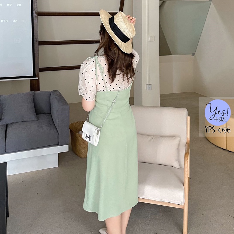 ชุดเซ็ท 2 ชิ้นสาวอวบอก 40-50 นิ้ว เสื้อสีครีมลายจุดดำ+เดรสสายเดี่ยว สีเขียว/สีดำ YPS-096