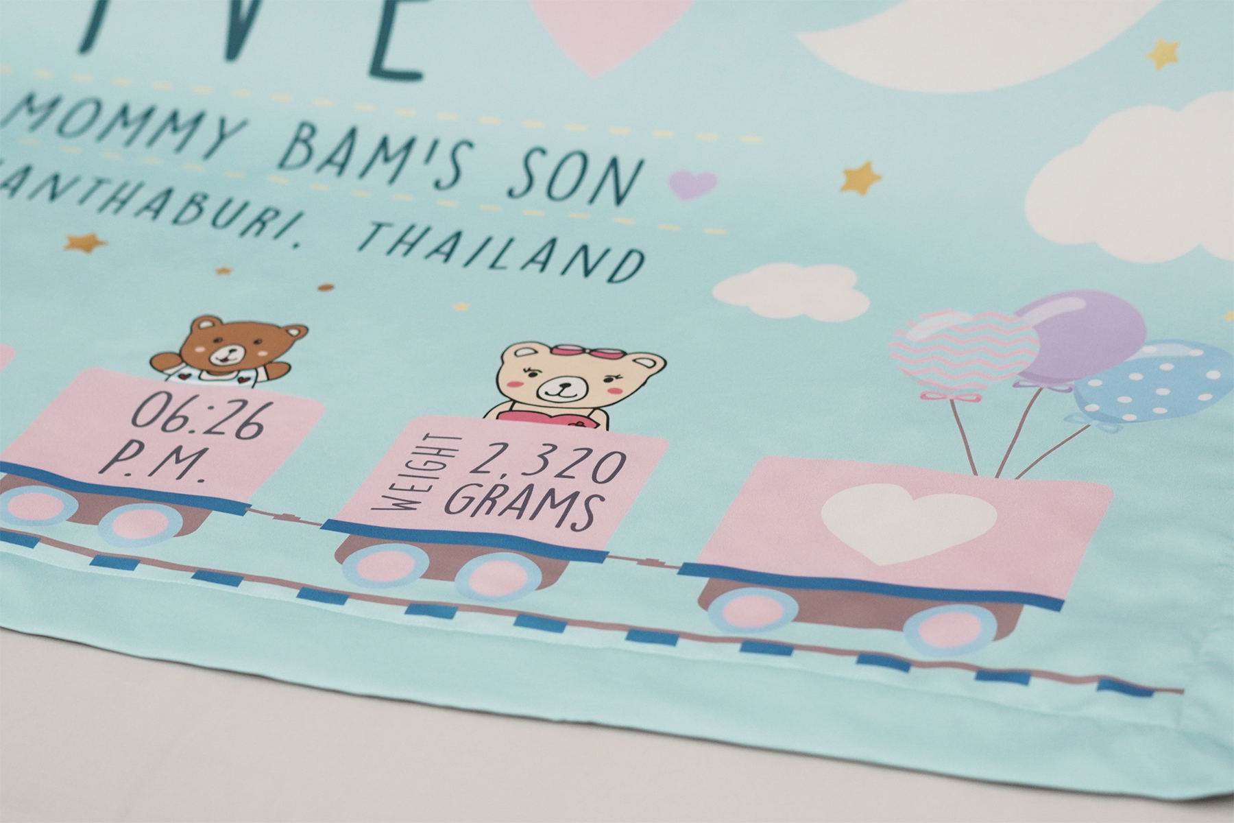 ผ้าห่มเด็ก ใส่ประวัติแรกเกิด ลายรถไฟ Train - Mint