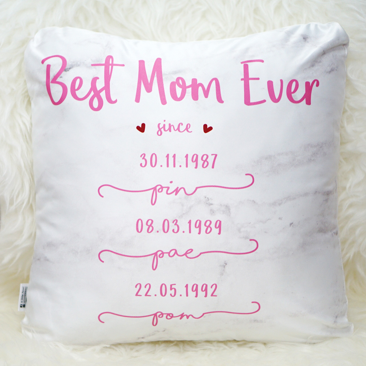 หมอนอิงสั่งทำใส่ชื่อ ลาย Marble - Best Mom Ever - Pink