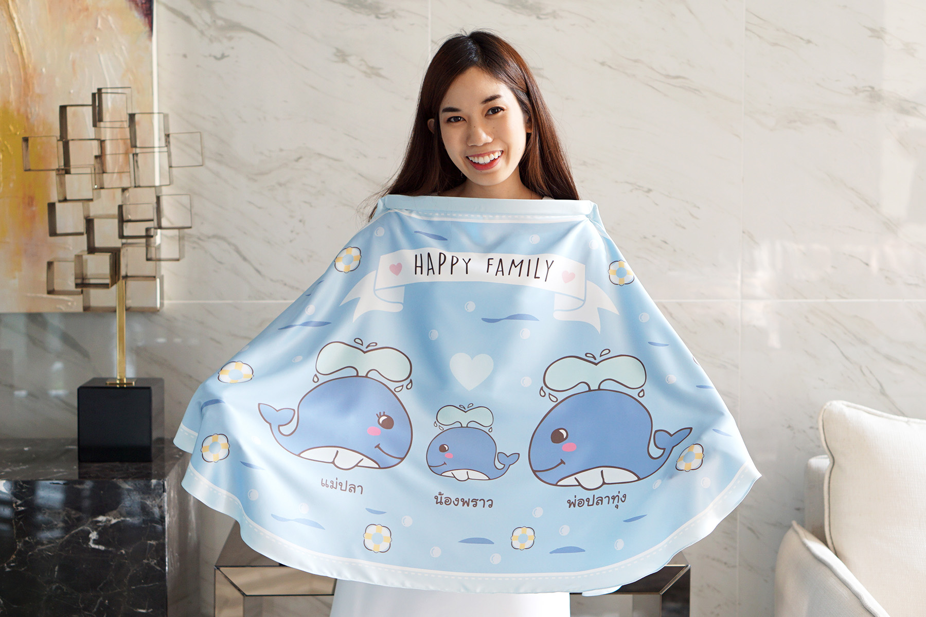 ผ้าคลุมให้นม สั่งทำใส่ชือ ลาย Whale - Blue