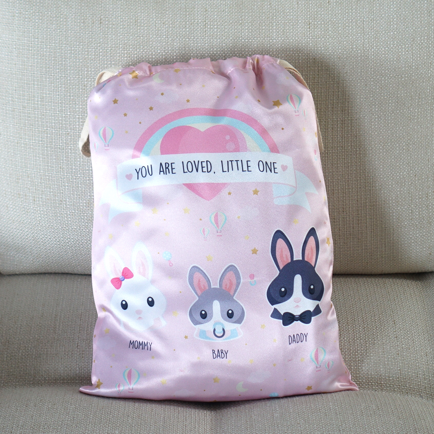 ถุงผ้าซาตินพร้อมส่ง ไซส์ L ลาย Rabbit - Pink