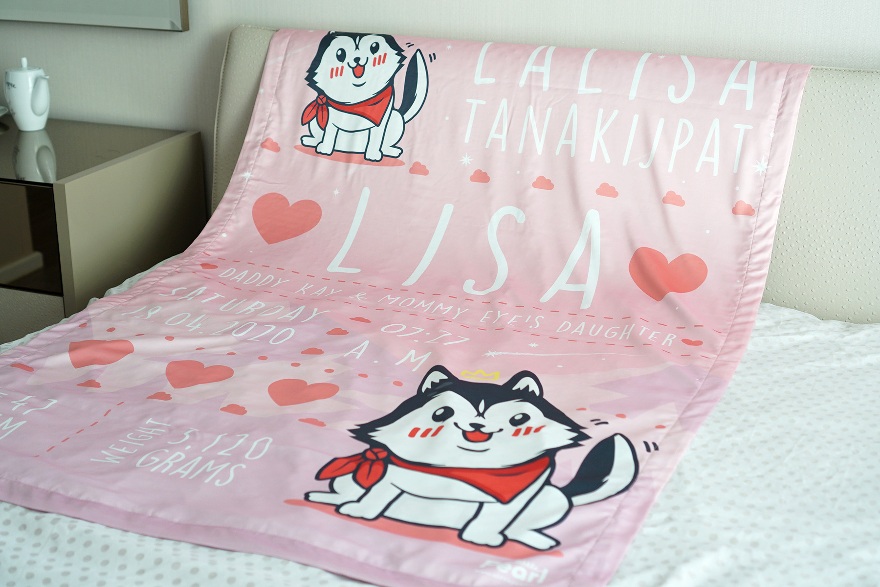 ผ้าห่มเด็ก ใส่ประวัติแรกเกิด ลาย Siberian Husky - Pink