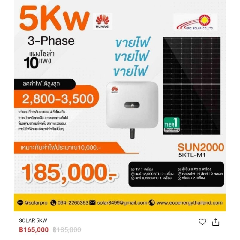ขนาด 5kw. พร้อมติดตั้ง