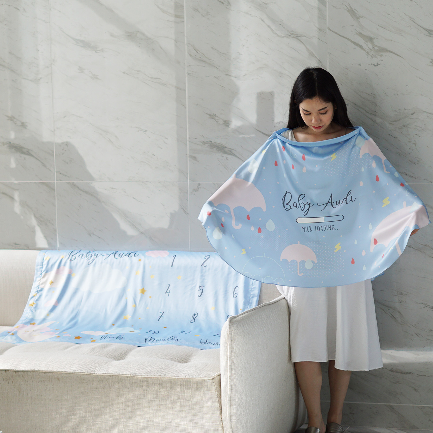 ชุดของขวัญเด็กแรกเกิด ผ้าคลุมให้นม + ผ้าห่มขนาด 75x100cm ลาย Raindrops + Moon - Blue