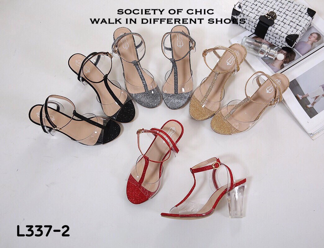 รองเท้าส้นสูง T-Strap กลิตเตอร์ (สีดำ)