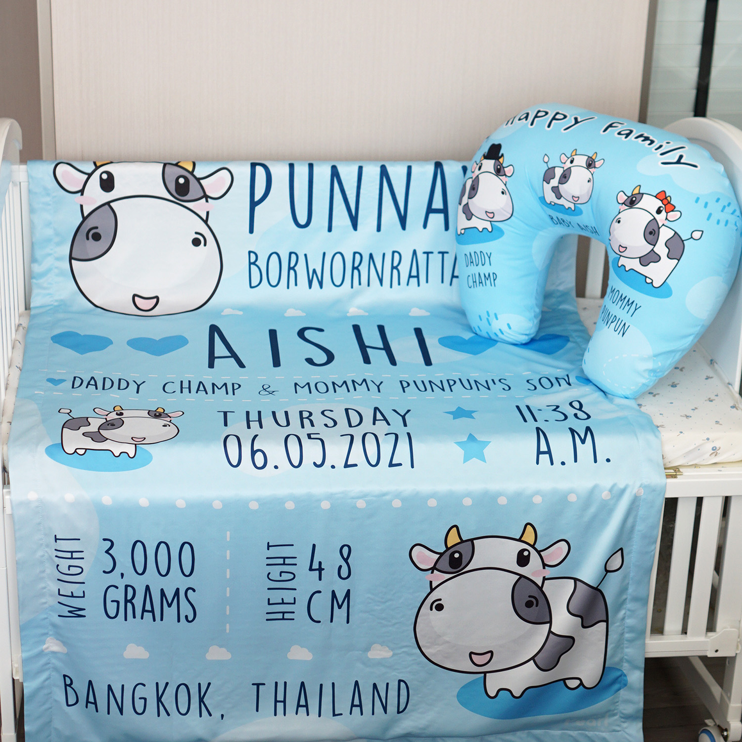 ชุดของขวัญเด็กแรกเกิด ผ้าห่ม ขนาด100x150cm + หมอนรองให้นม ลาย Cow1 - Blue (Rabbit Blue)