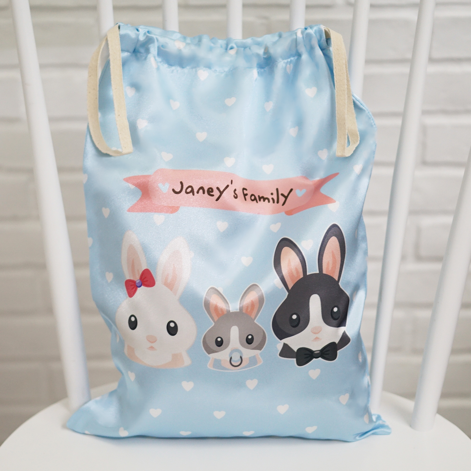 ถุงผ้าซาติน ไซส์ L สั่งทำใส่ชื่อ - Rabbit Family - Blue