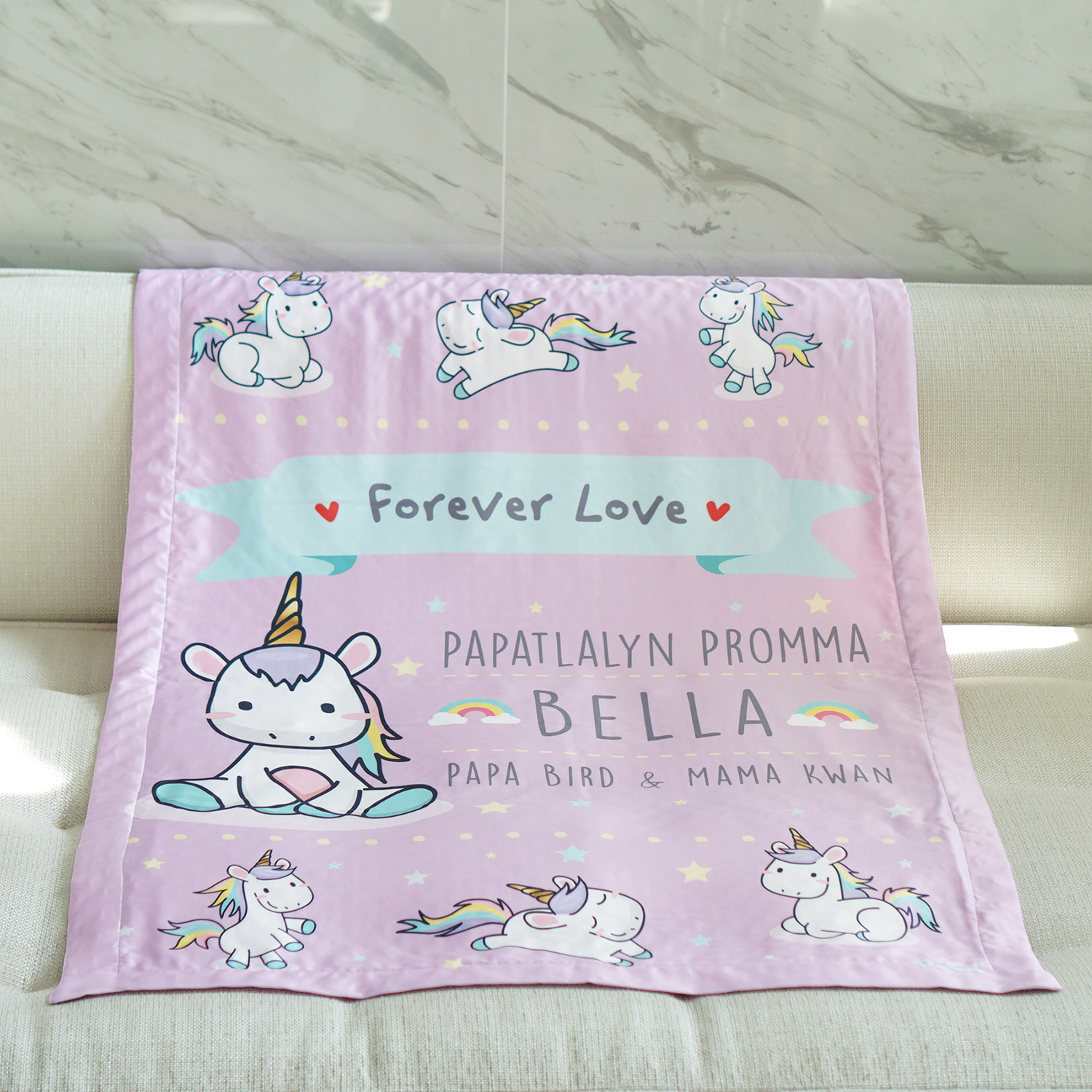 ผ้าห่ม สั่งทำใส่ชื่อ ลายยูนิคอร์น - Unicorn - Pink Lavender