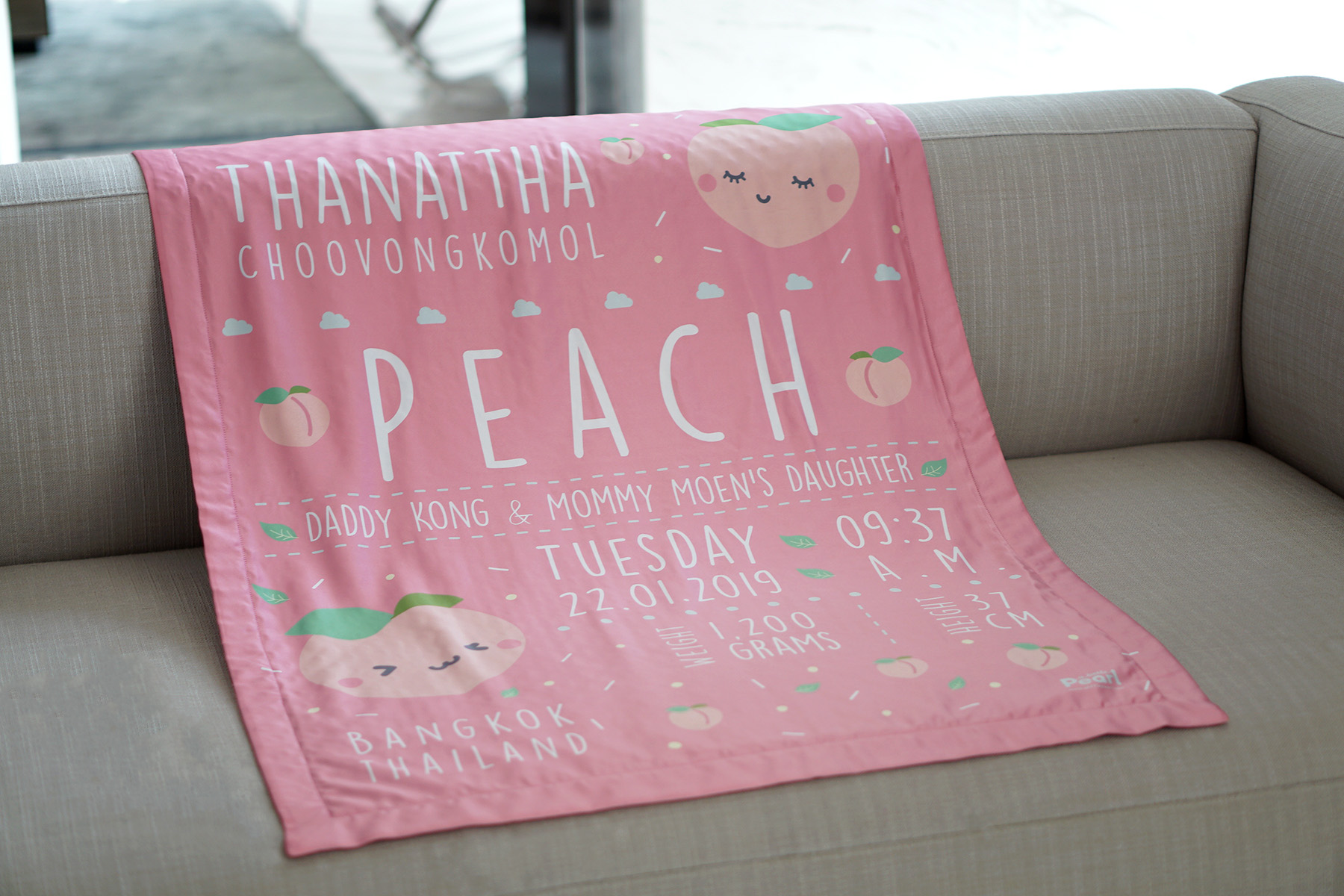 ผ้าห่มเด็ก ใส่ประวัติแรกเกิด ลาย Peach - Pink