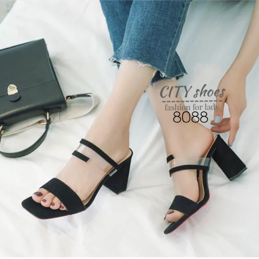 รองเท้าส้นตันเปิดส้นแต่งพลาสติกใส (สีดำ)
