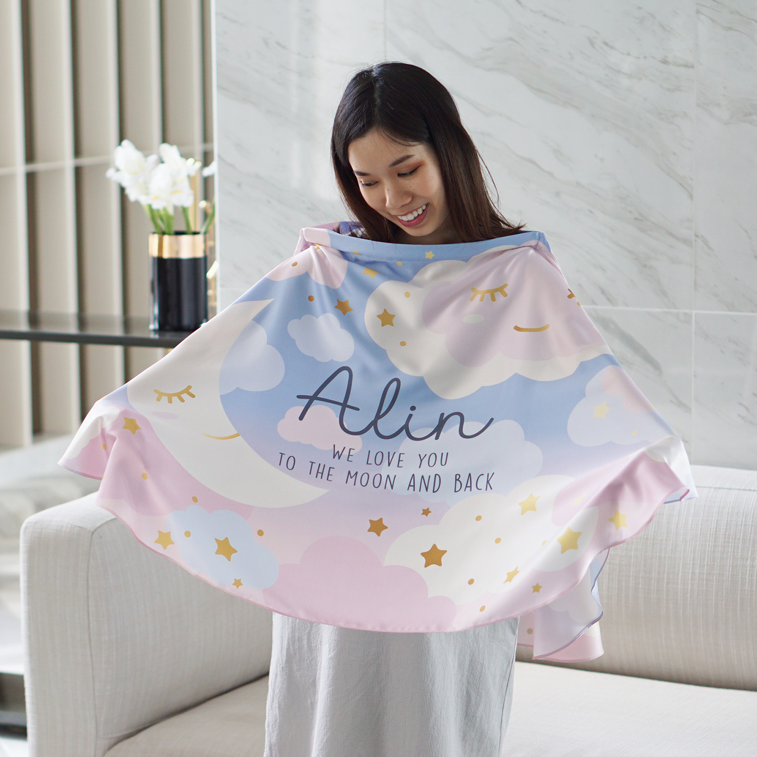 ผ้าคลุมให้นม สั่งทำใส่ชือ ลาย Moon - Blue Pink