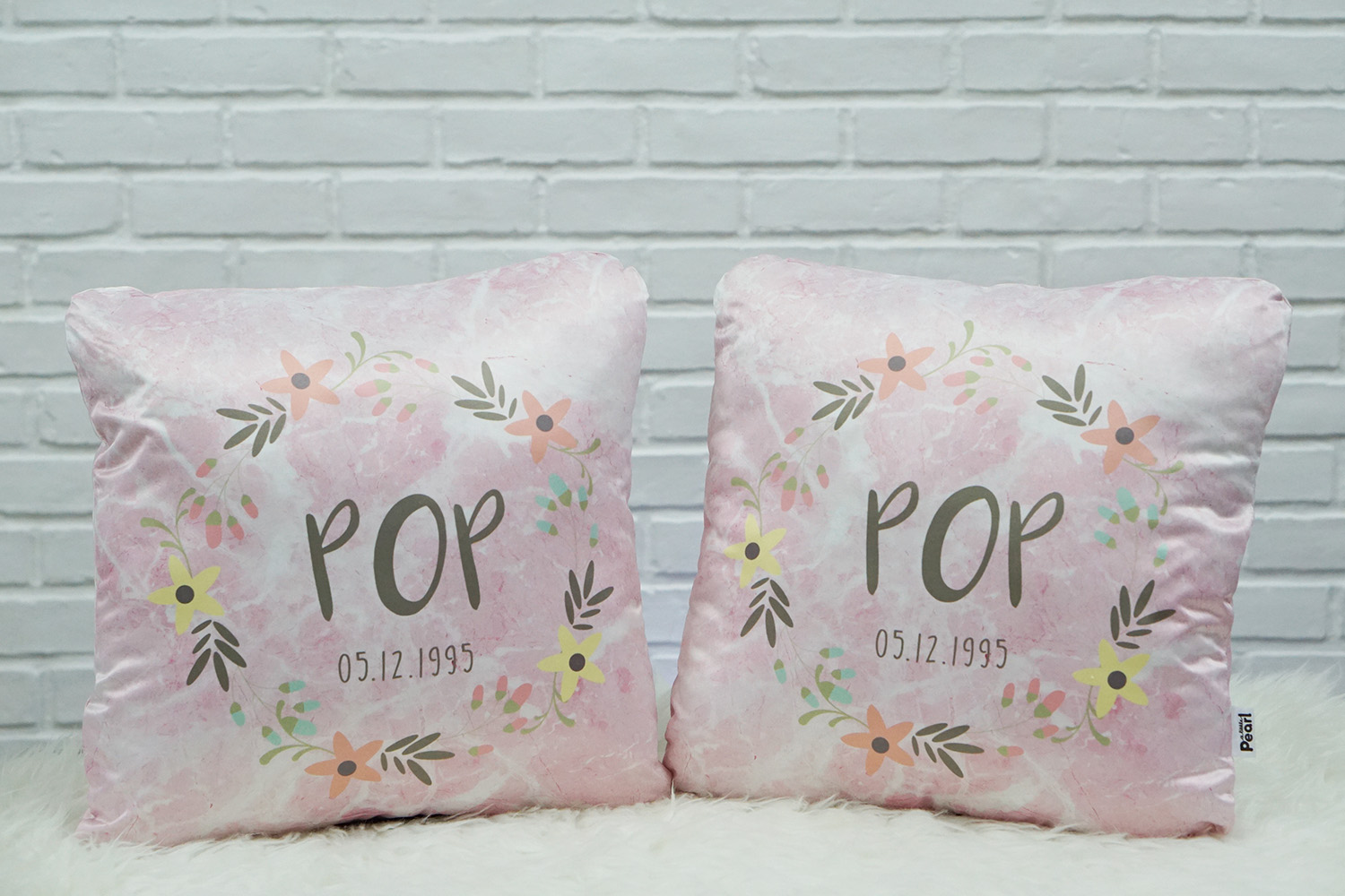 หมอนอิงสั่งทำใส่ชื่อ ลาย Pink Marble - Floral Frame - Grey (ราคาต่อใบ)