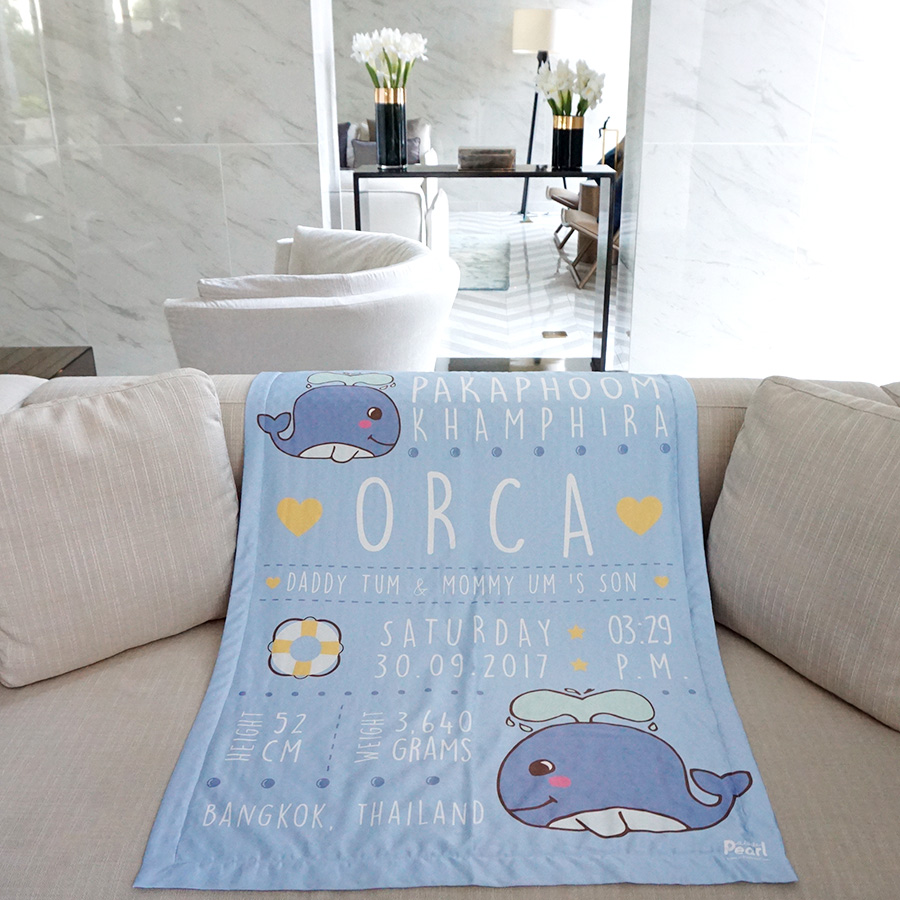 ผ้าห่มเด็ก ใส่ประวัติแรกเกิด ลายวาฬ สีฟ้า / Whale - Blue