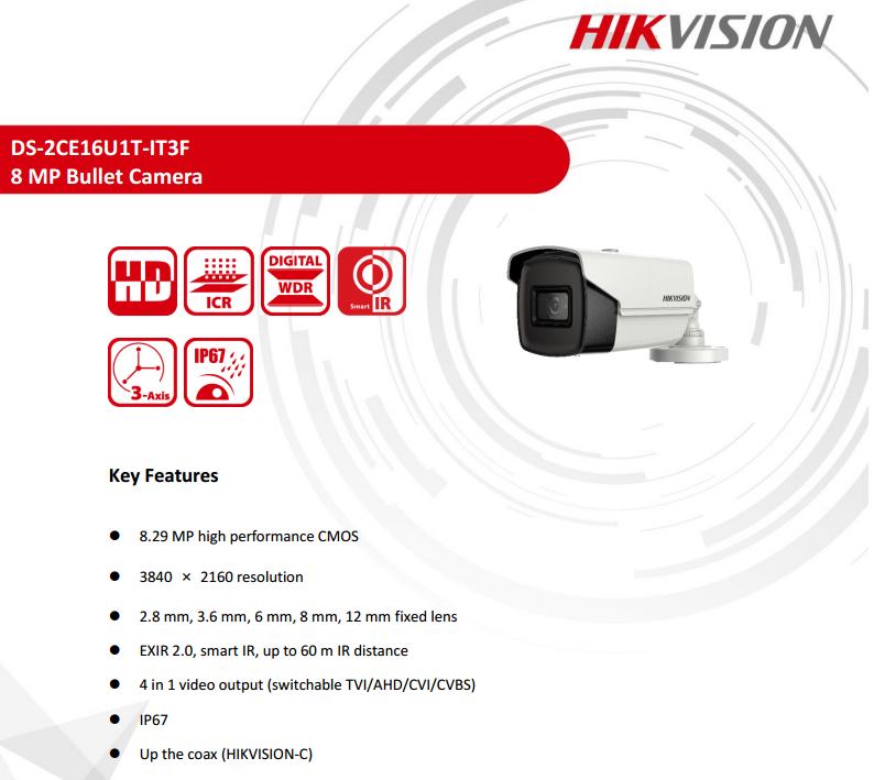 ขายถูก HIKVISION Turbo HD รุ่น DS-2CE16U1T-IT3F ความละเอียด 8 ล้านพิกเซล
