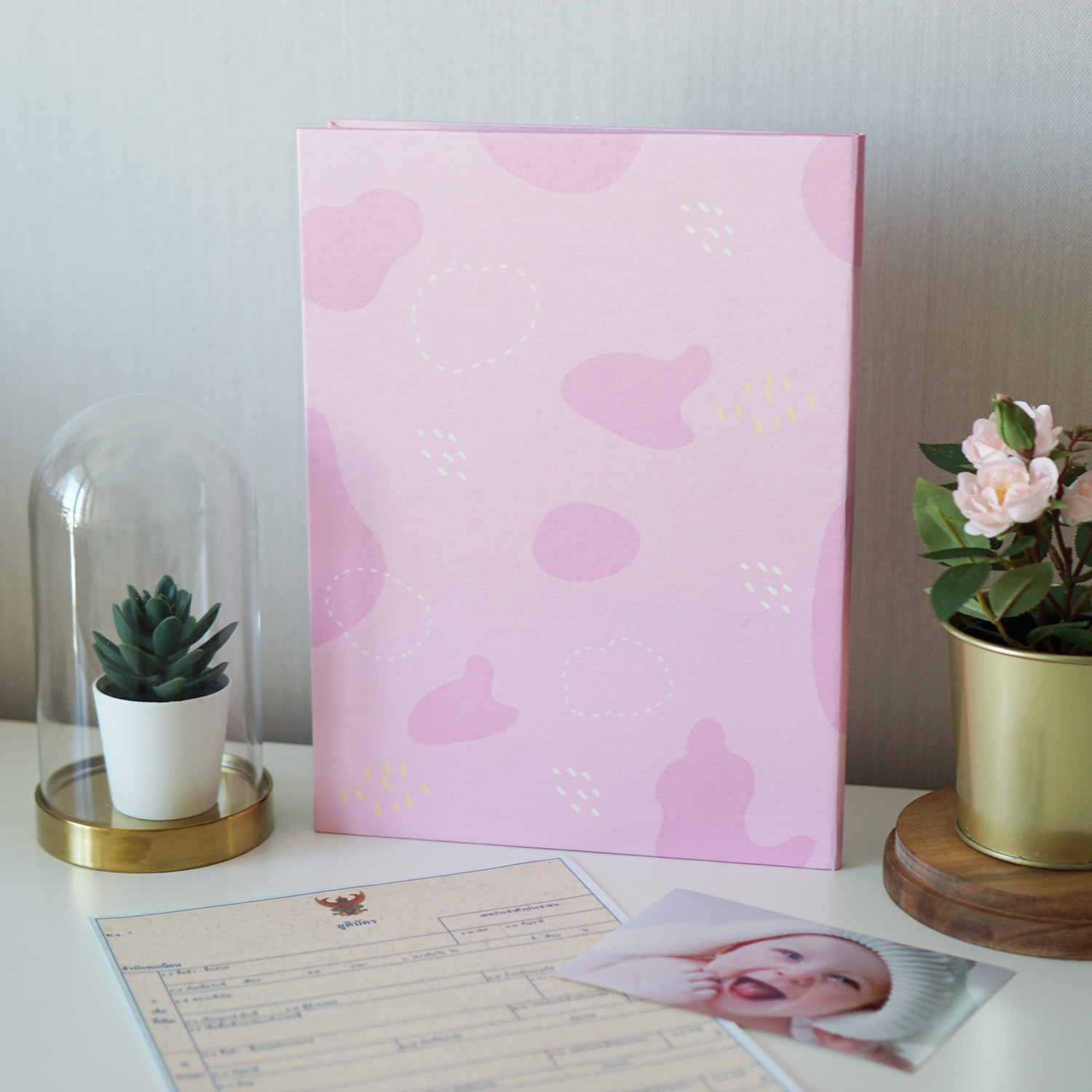 แฟ้มทะเบียนสมรส/สูติบัตร สั่งทำใส่ข้อความ ลาย Chinese Calendar - Cow1 - Pink