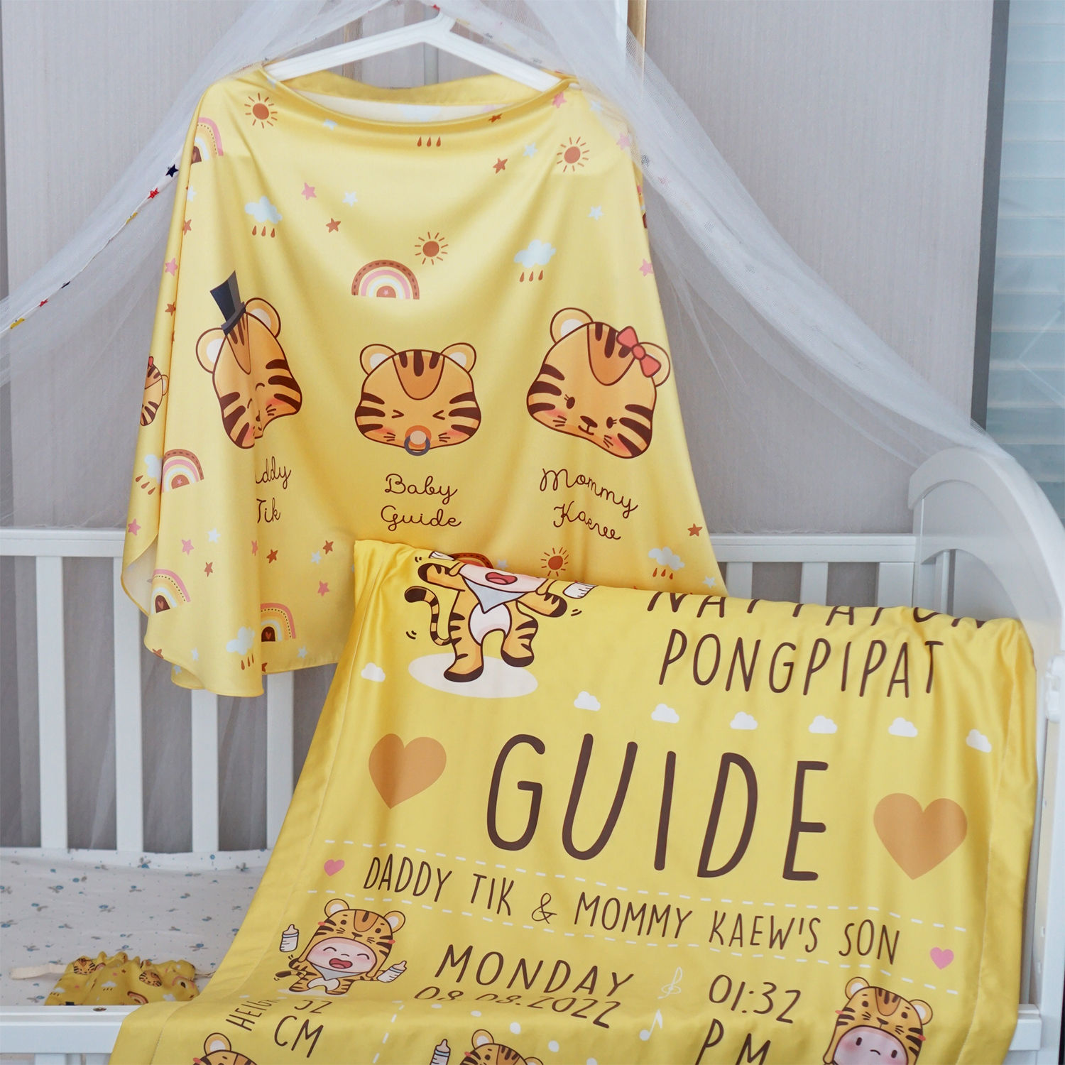 ชุดของขวัญเด็กแรกเกิด ผ้าคลุมให้นม รุ่น 3in1 + ผ้าห่มขนาด 75x100cm ลาย Tiger2 - Yellow