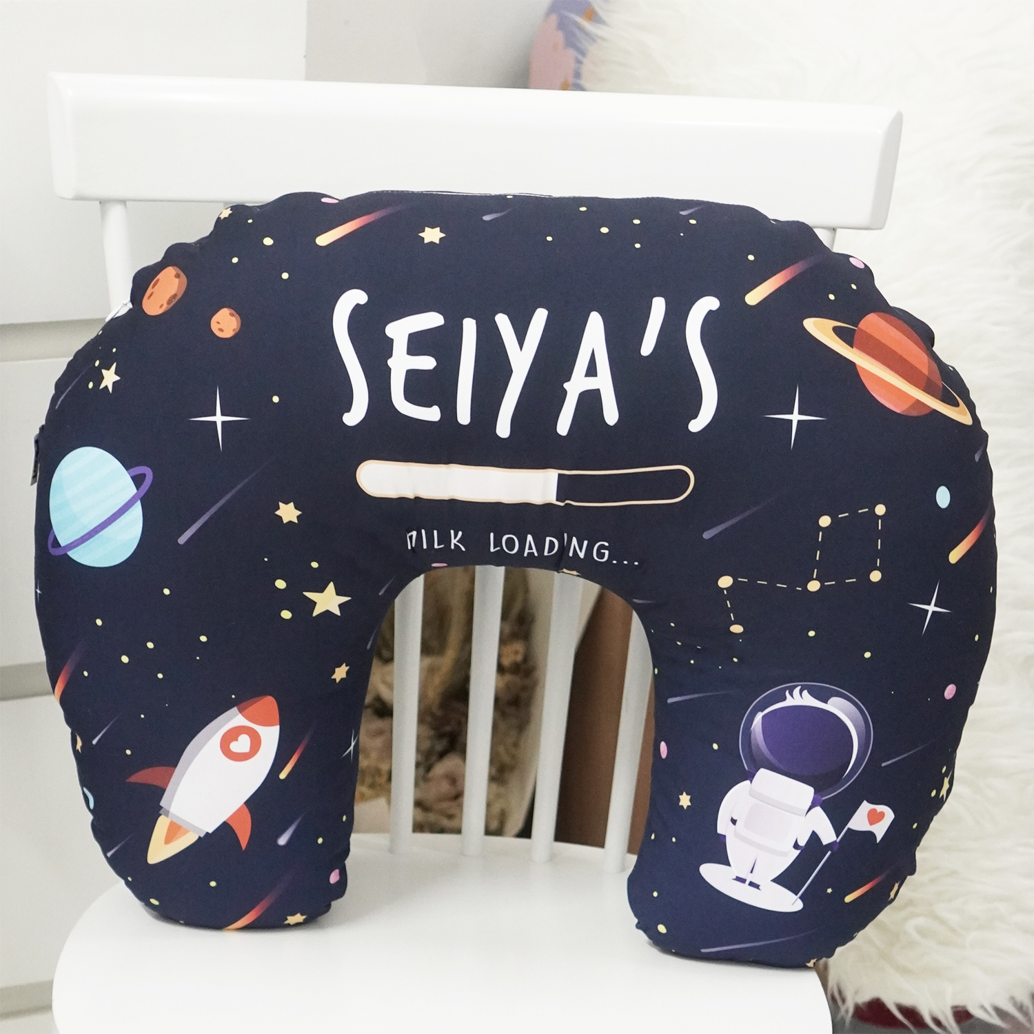 หมอนรองให้นม สั่งทำใส่ชื่อ ลาย Space - Navy