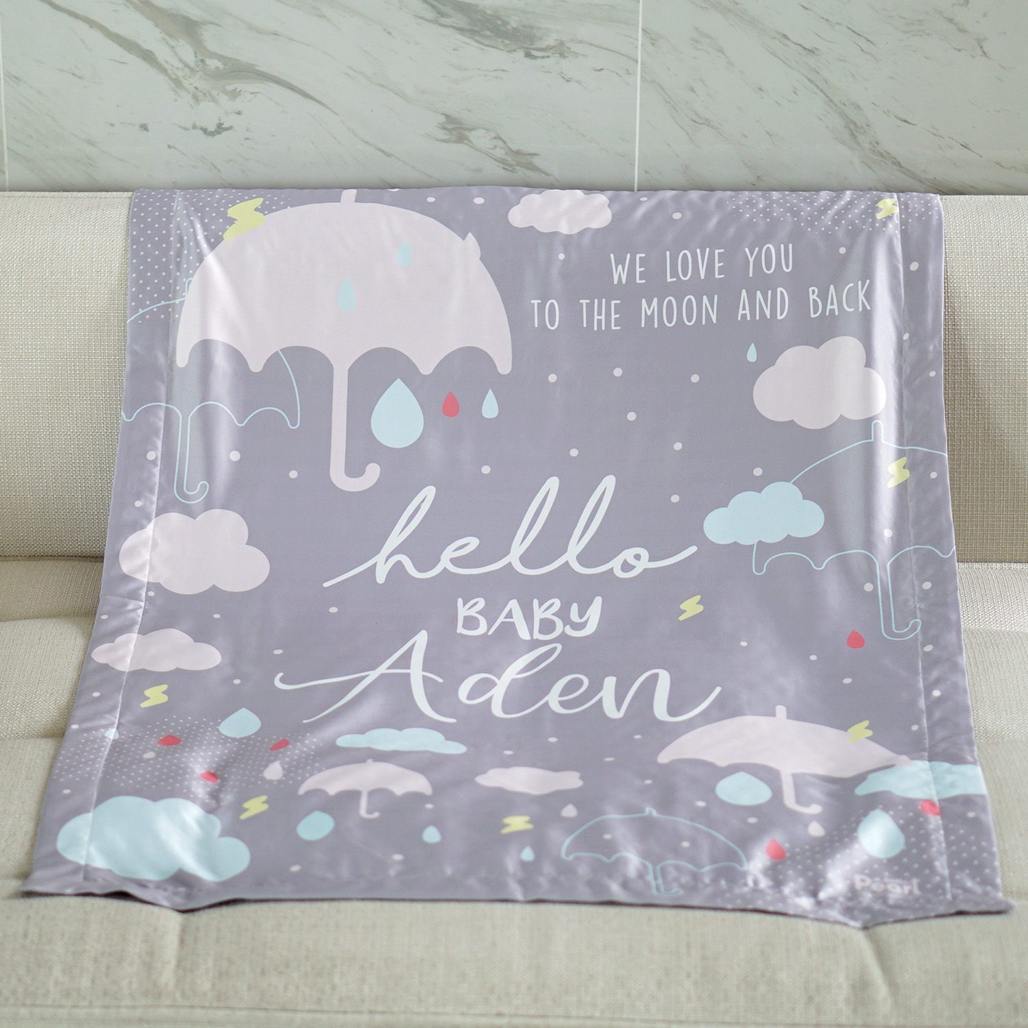 ผ้าห่มเด็ก ใส่ชื่อ ลาย Raindrops - Grey