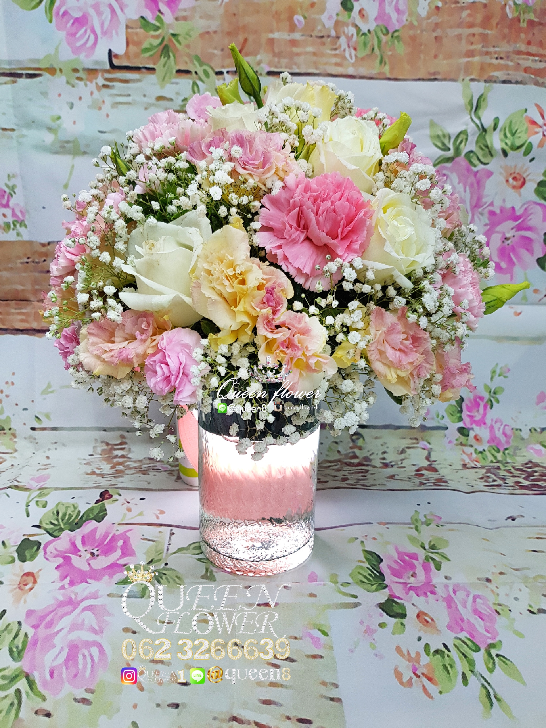 แจกันดอกไม้ โทนชมพูโอรส-ขาว ร้านดอกไม้ศาลายา นครปฐม