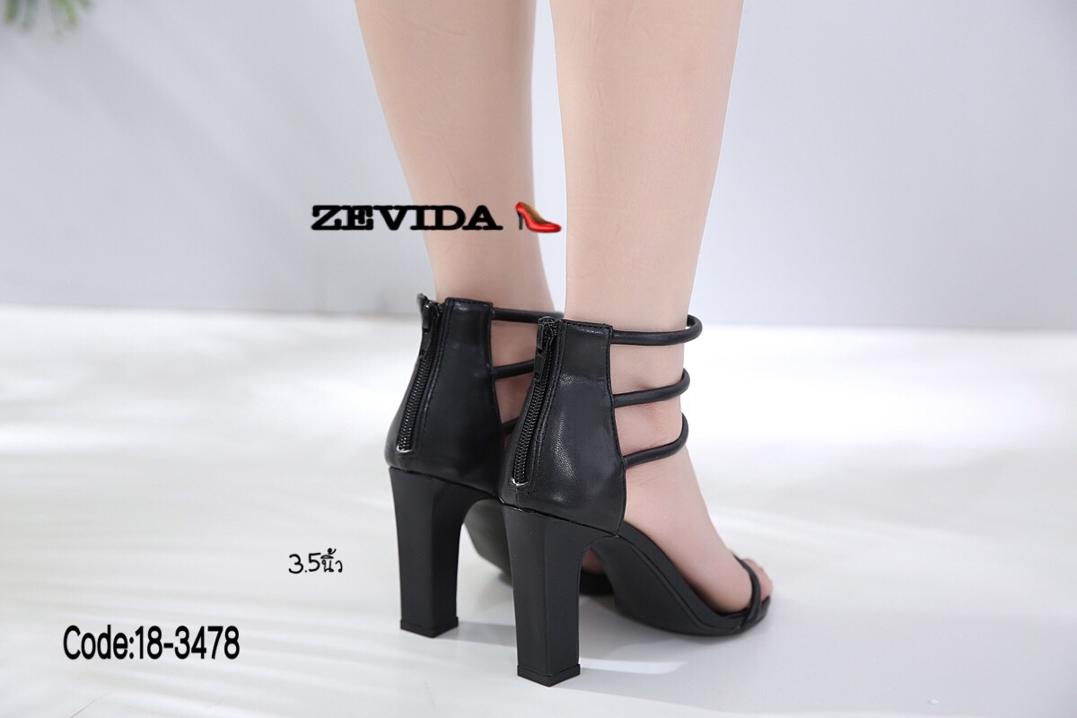 รองเท้าส้นสูงแต่งคาดสามชั้น (สีชมพู)