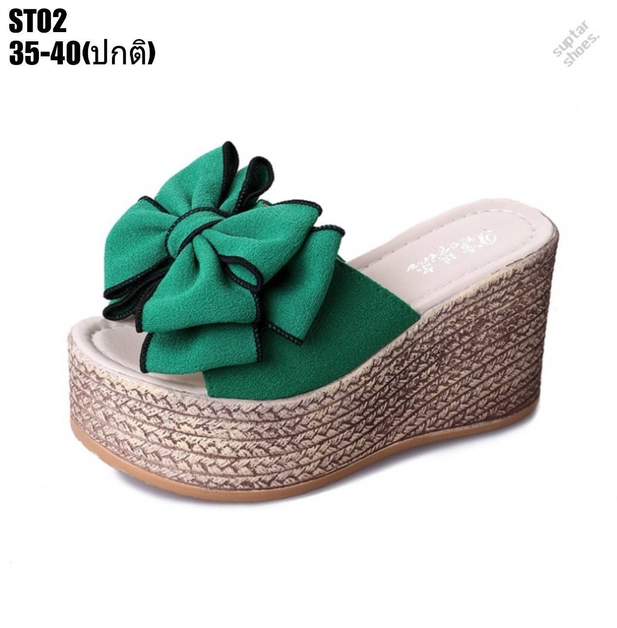 รองเท้าส้นเตารีดวนปอแต่งโบว์ (สีเขียว)