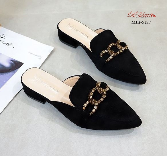 รองเท้าคัทชูเปิดส้นแต่งอะไหล่ (สีเบจ)