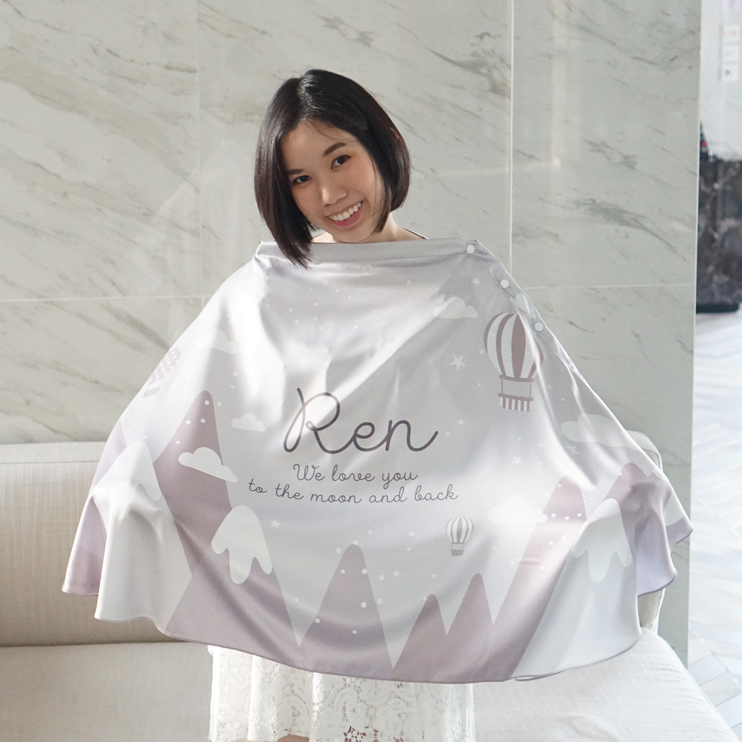 ผ้าคลุมให้นม 3in1 (รุ่นมีกระดุม ถอดโครงได้) แบบสั่งทำใส่ชื่อ ลาย Mountain - Taupe