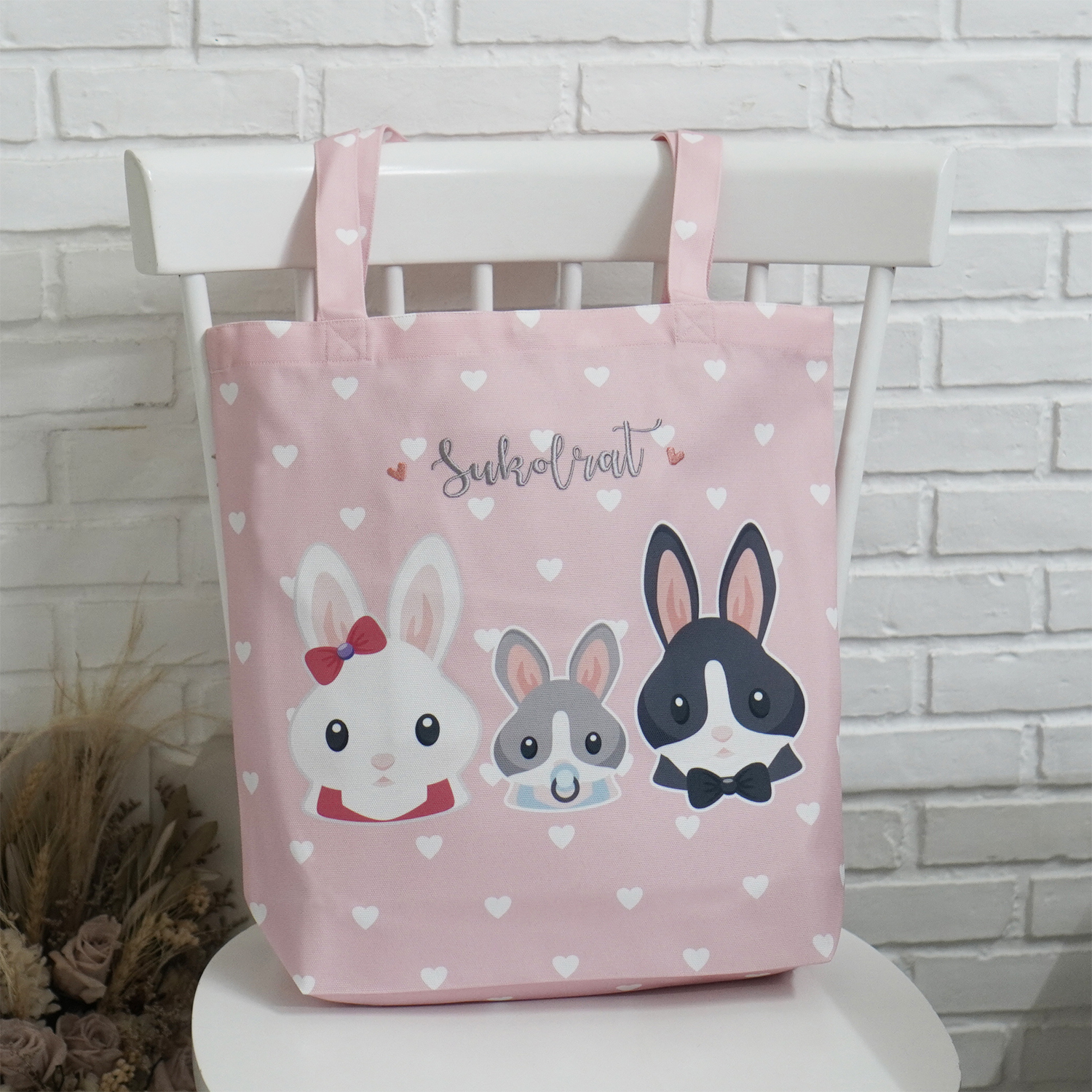 กระเป๋าผ้าแคนวาส ปักชื่อ ลาย Rabbit - Pink