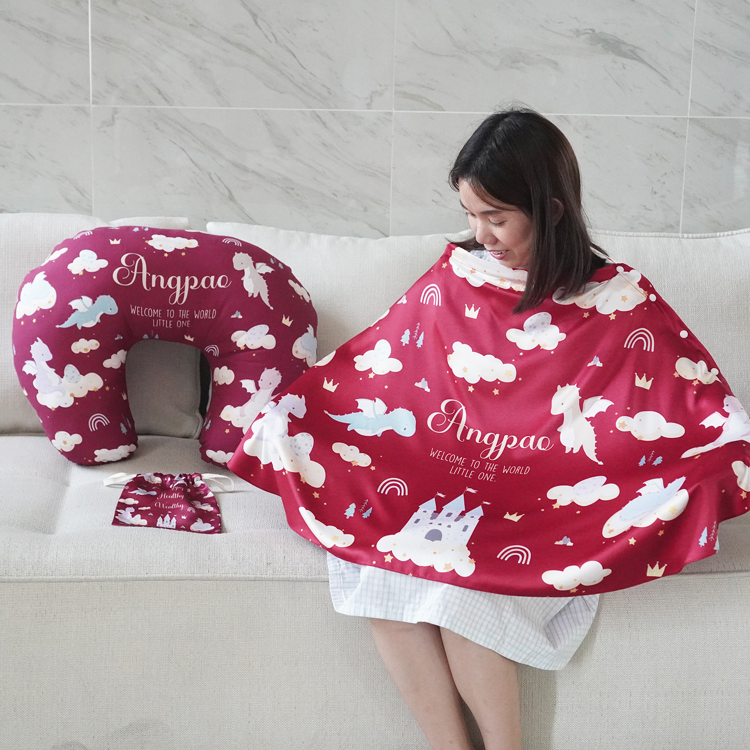 ชุดของขวัญเด็กแรกเกิด NP2 ผ้าคลุมให้นม รุ่น 3in1 + หมอนรองให้นม ลาย Dragon - Red