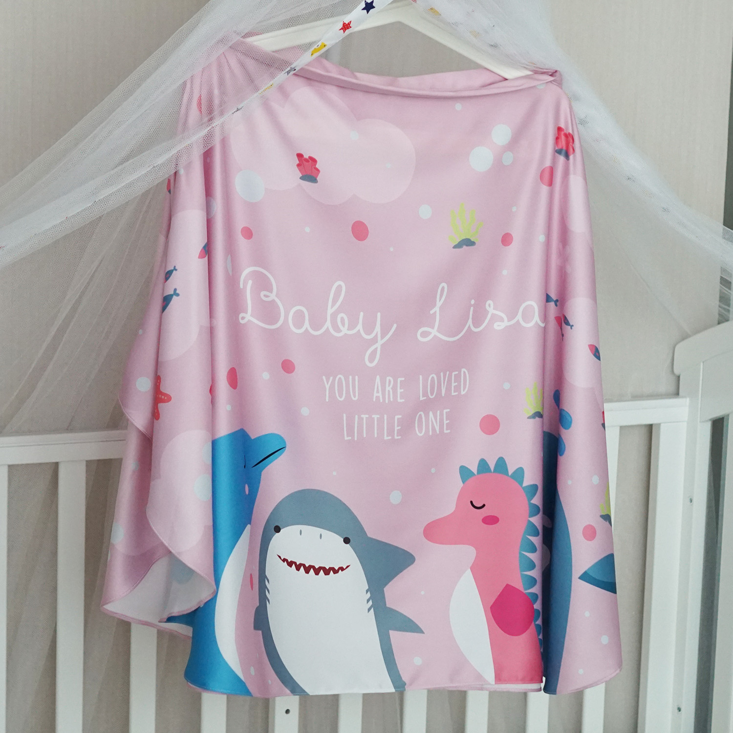 ผ้าคลุมให้นม สั่งทำใส่ชือ ลาย Sea Party - Pink