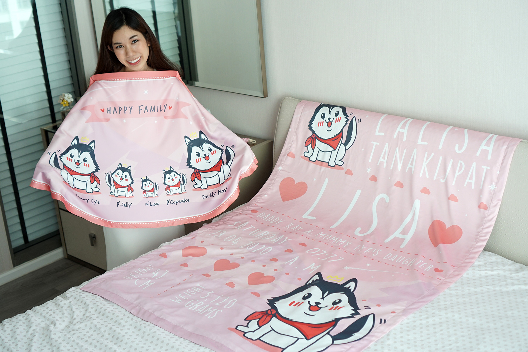 ชุดของขวัญเด็กแรกเกิด ผ้าคลุมให้นม + ผ้าห่มขนาด 100x150cm ลาย Siberian Husky - Pink