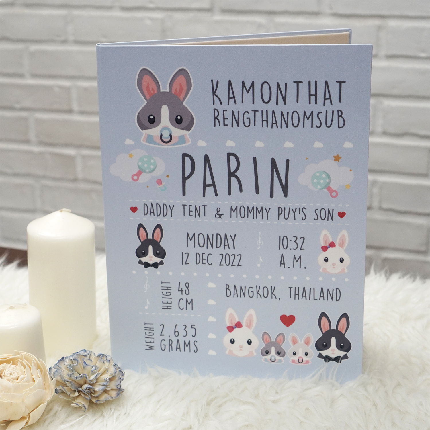 แฟ้มทะเบียนสมรส/สูติบัตร สั่งทำใส่ข้อความ ลาย Rabbit - Blue