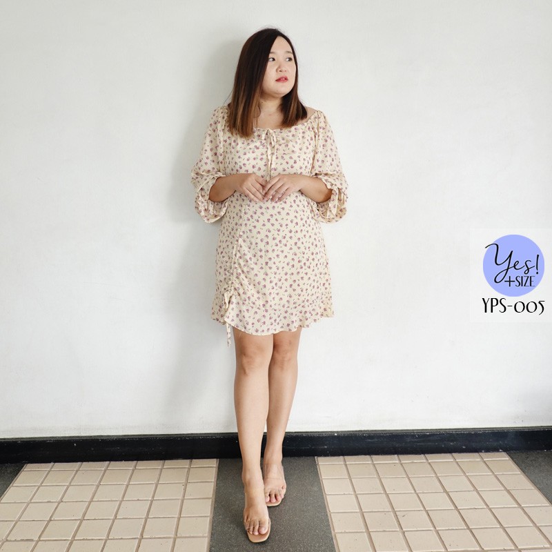 ชุดเดรสสั้นแขนยาว สาวอวบ อก 40-46 นิ้ว สีครีมอมเหลือง ลายดอกไม้สีม่วง YPS-005