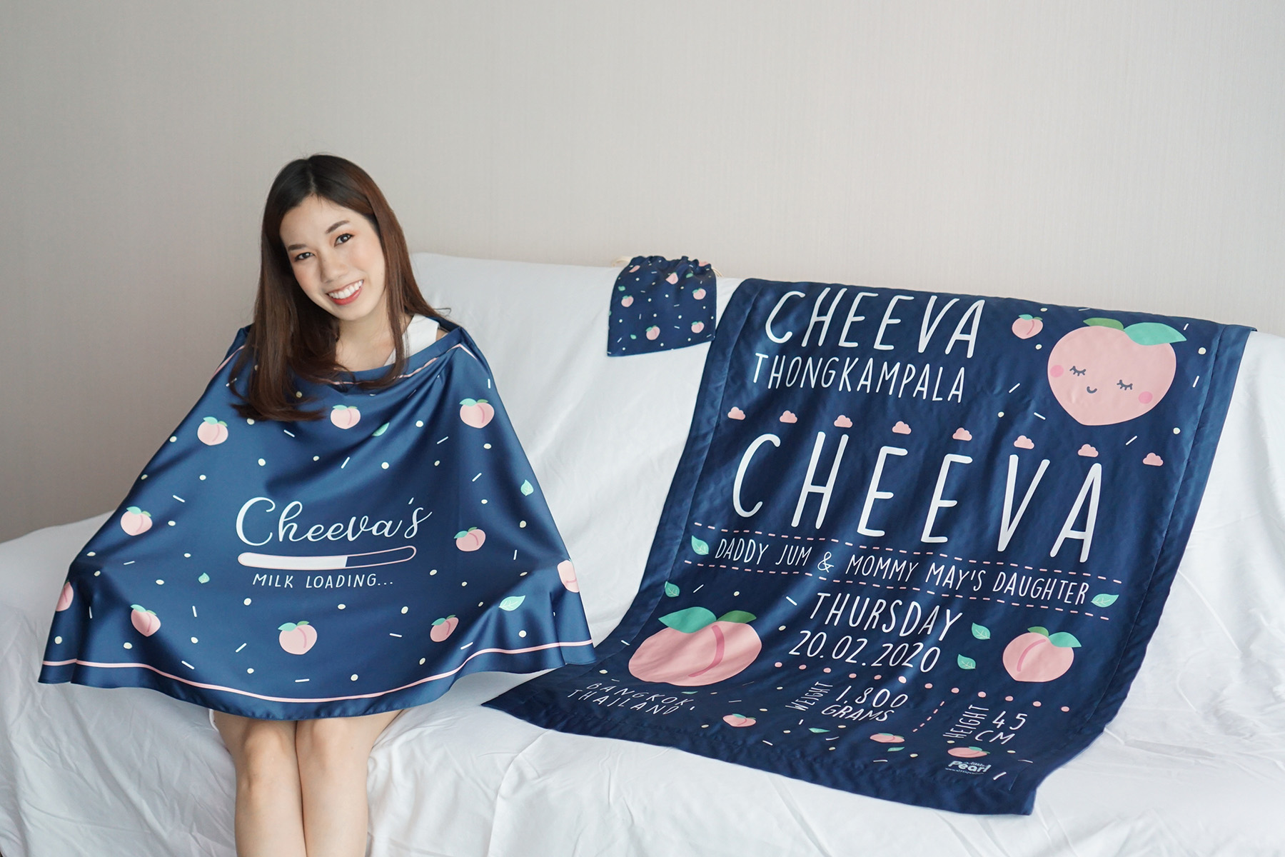 ชุดของขวัญเด็กแรกเกิด ผ้าคลุมให้นม + ผ้าห่มขนาด 75x100cm ลาย Peach - Navy