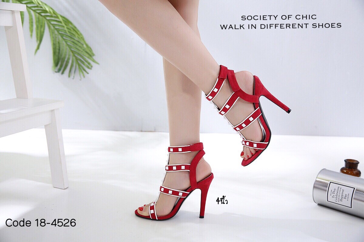 รองเท้าส้นสูงแต่งสายรัด Style Valentino (สีแดง)