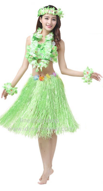 แบบที่ 3 ขนาดยาว 60 cm สีเขียว กระโปรงเชือกฟาง ฮาวาย อย่างหนา + เซทพวงมาลัยดอกไม้ 4 ชิ้น+บราดอกไม้