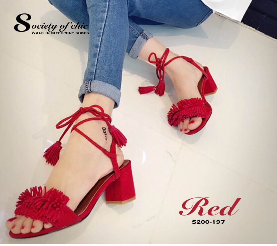 รองเท้าส้นตันแต่งพู่ (สีแดง)
