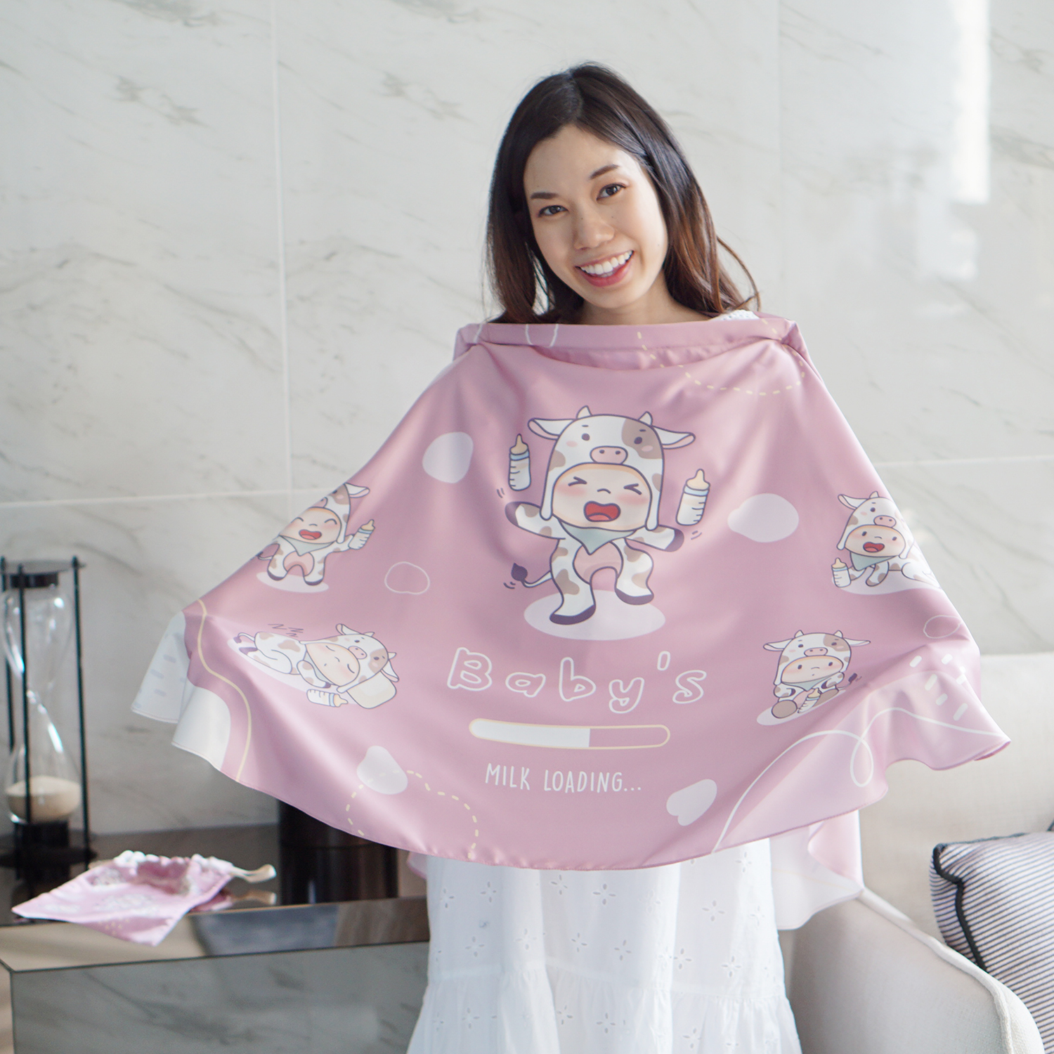 ผ้าคลุมให้นม สั่งทำใส่ชือ ลาย Cow - Pink