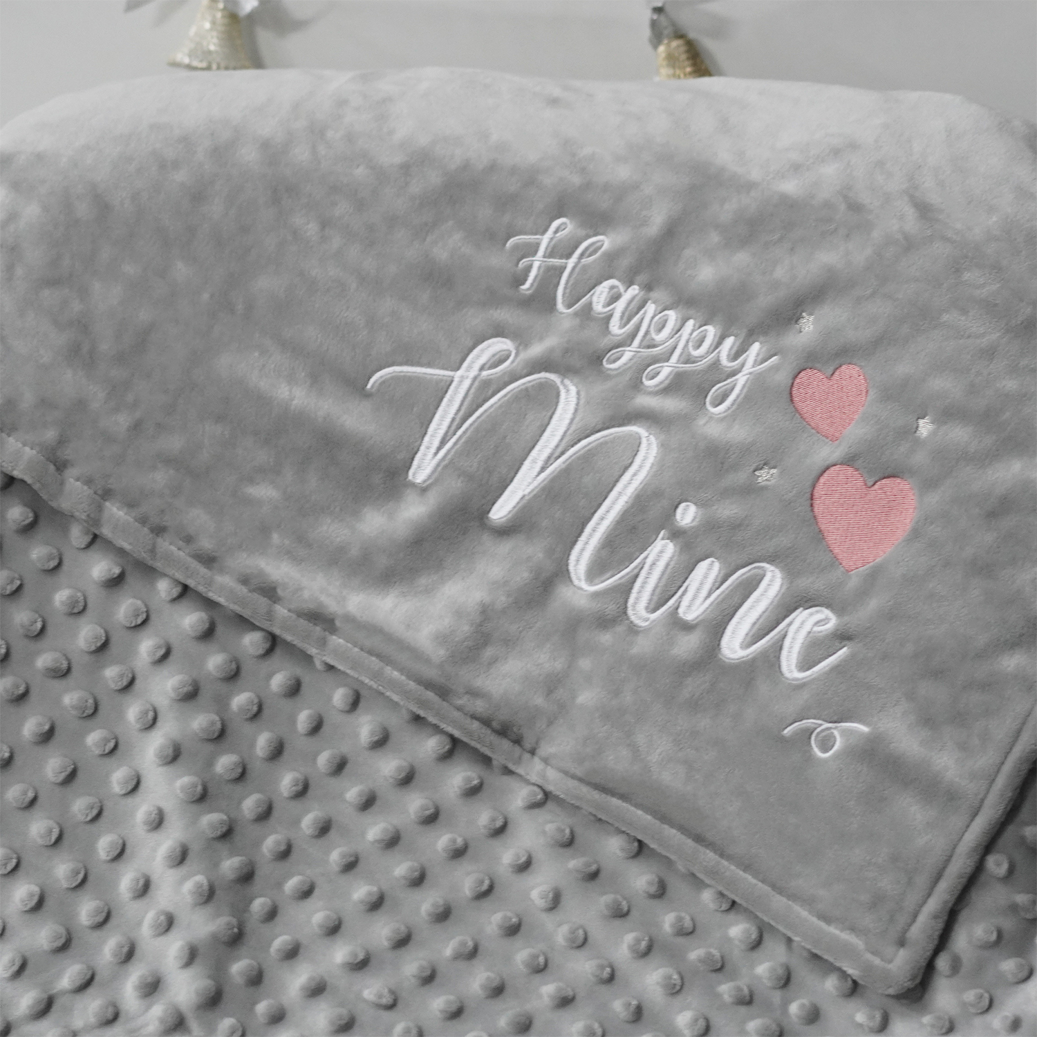 ผ้าห่ม Minky - สีเทา 75x100cm แบบปักชื่อ+icon - 2 Hearts