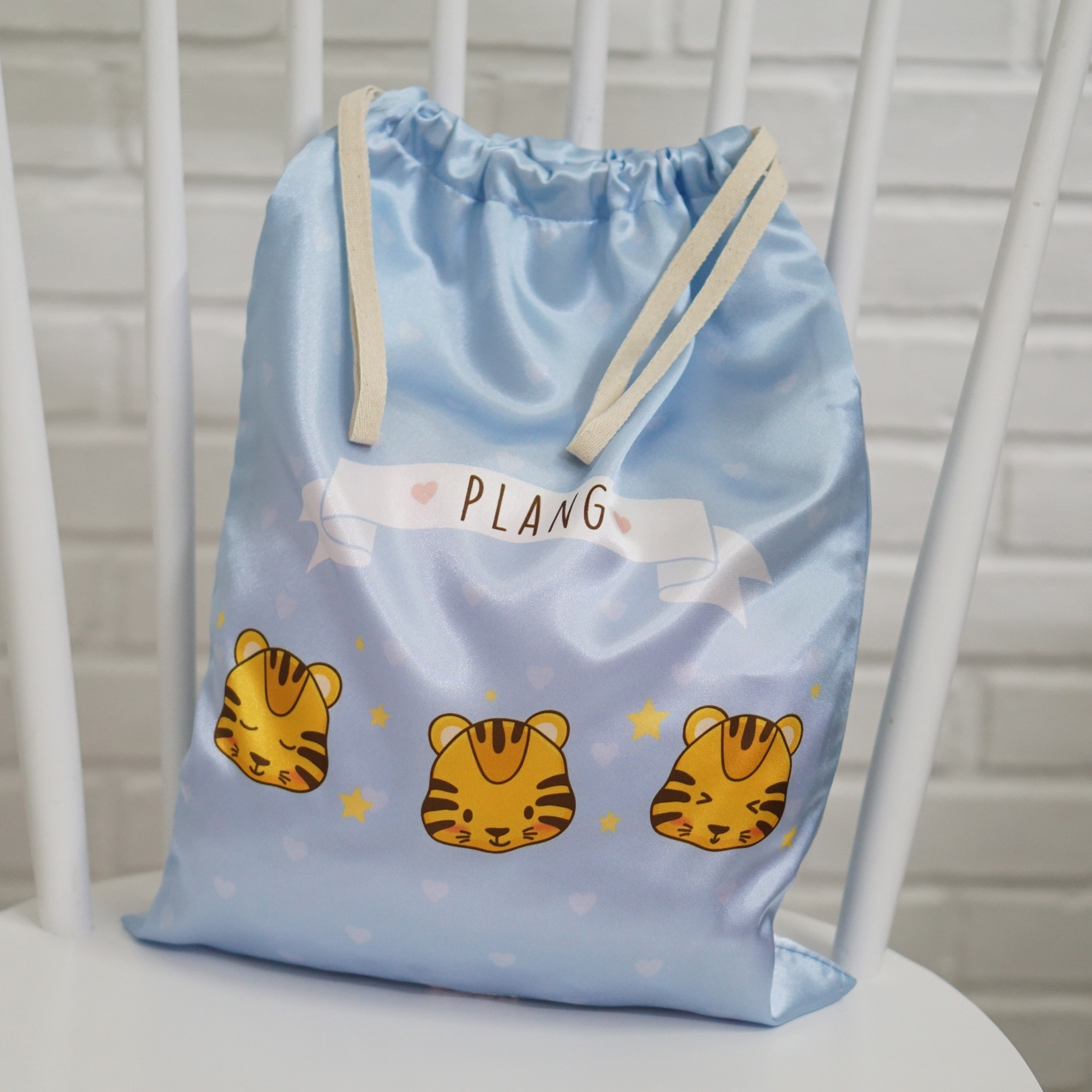 ถุงผ้าซาติน ไซส์ L สั่งทำใส่ชื่อ - Tiger - Blue