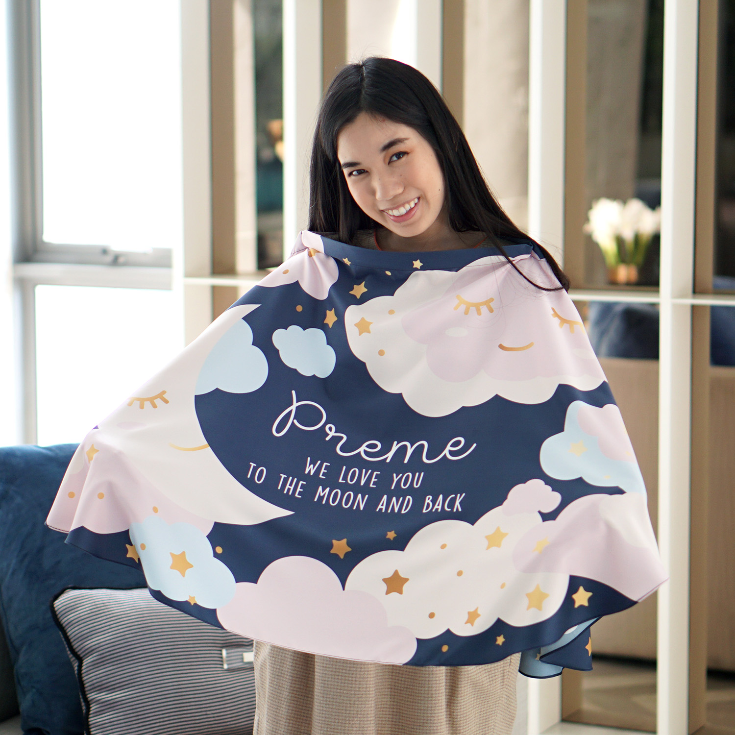 ผ้าคลุมให้นม สั่งทำใส่ชือ ลาย Moon - Navy