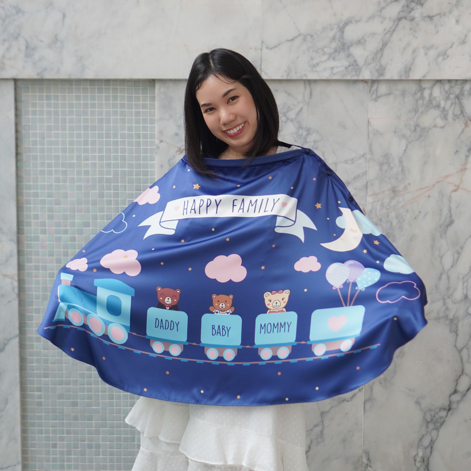 ผ้าคลุมให้นม (รุ่นมีกระดุม ถอดโครงได้) พร้อมส่ง ลาย Train - Navy