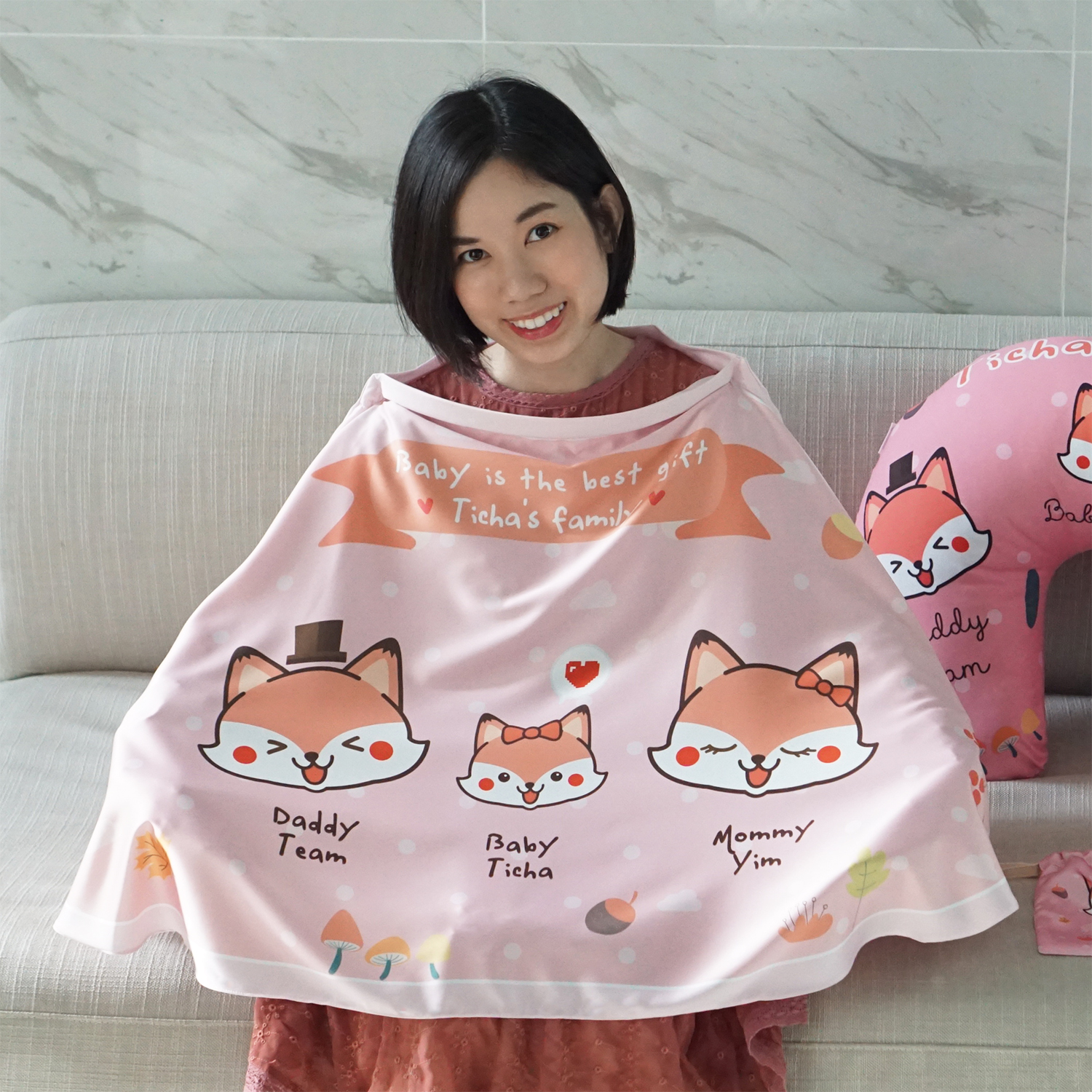 ชุดของขวัญเด็กแรกเกิด NP2 ผ้าคลุมให้นม + หมอนรองให้นม ลาย Fox - Pink