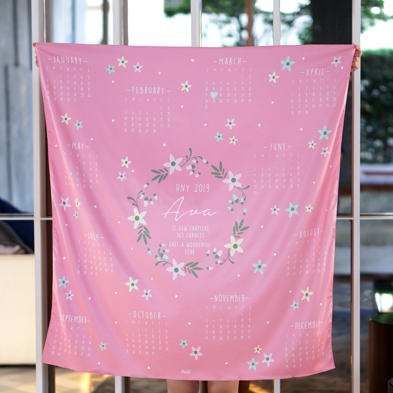 ผ้าพันคอ ลาย Calendar 2019 - Pink - Floral Frame