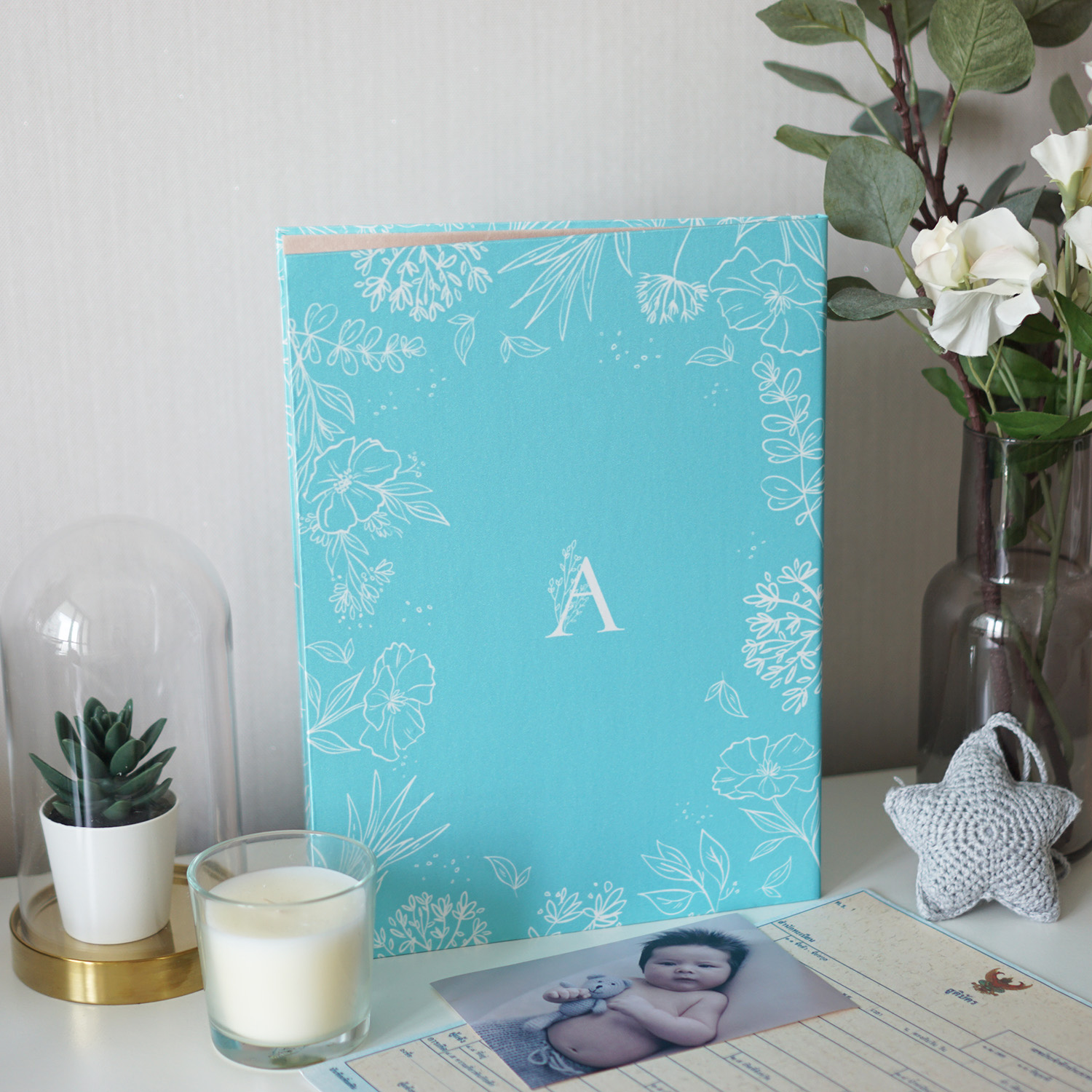 แฟ้มทะเบียนสมรส/สูติบัตร สั่งทำใส่ข้อความ ลาย Botanical - Turquoise