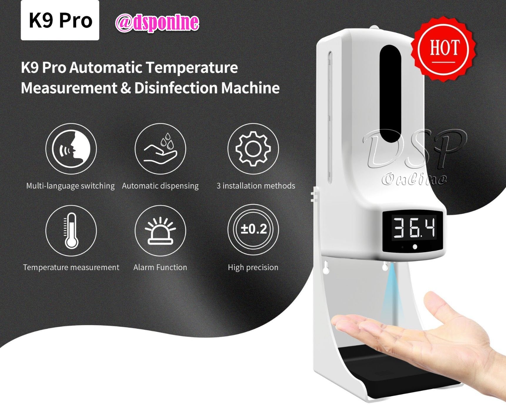 ขายถูก เครื่องจ่าย เจลแอลกอฮอล์ ล้างมือ พร้อมที่วัดอุณหภูมิ ( รุ่น K9 PRO ) แถมฟรี !! ขาตั้งกล้อง >> มีใบอนุญาตินำเข้าเครื่องมือแพทย์ >> หนังสือรับรองการขายเลขที่ 20200104